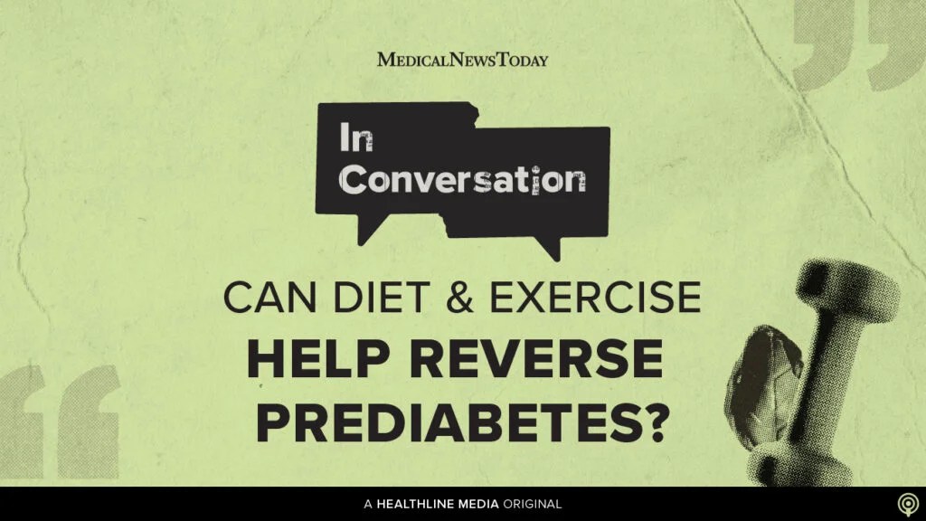 A dumbbell and leafy green on an illustration that reads can diet and exercise help reverse prediabetes?