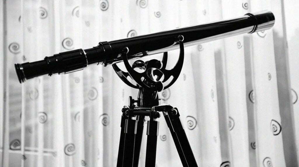 A telescope on a stand in front of a curtain